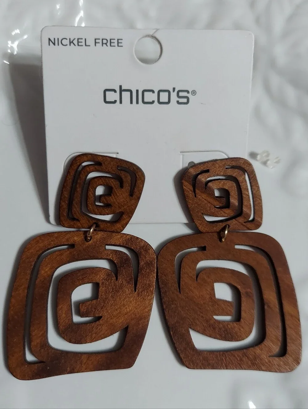 Chico's Elegant Brown Wood Geo Freeform Drop Earrings